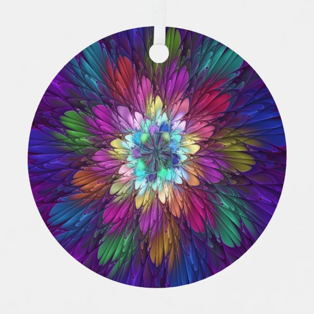 Colourful Psychedelic Flower Abstract Fractal Art Metal Ornament (Front)