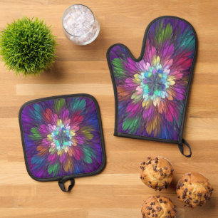 Colourful Psychedelic Flower Abstract Fractal Art Oven Mitt & Pot Holder Set