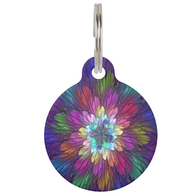 Colourful Psychedelic Flower Abstract Fractal Art Pet Tag (Front)