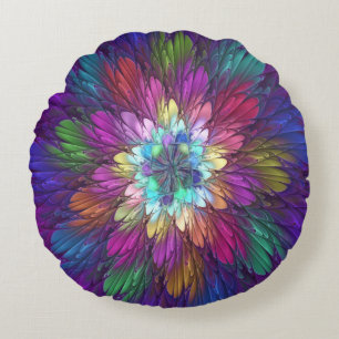 Colourful Psychedelic Flower Abstract Fractal Art Round Pillow