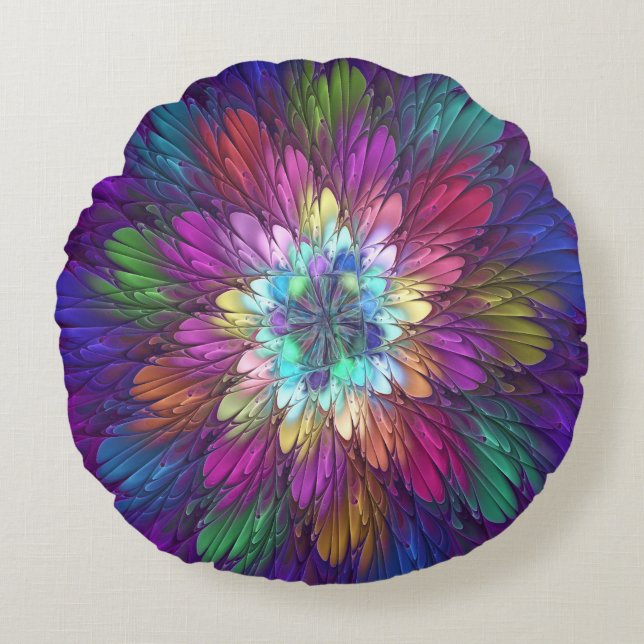 Colourful Psychedelic Flower Abstract Fractal Art Round Pillow (Front)