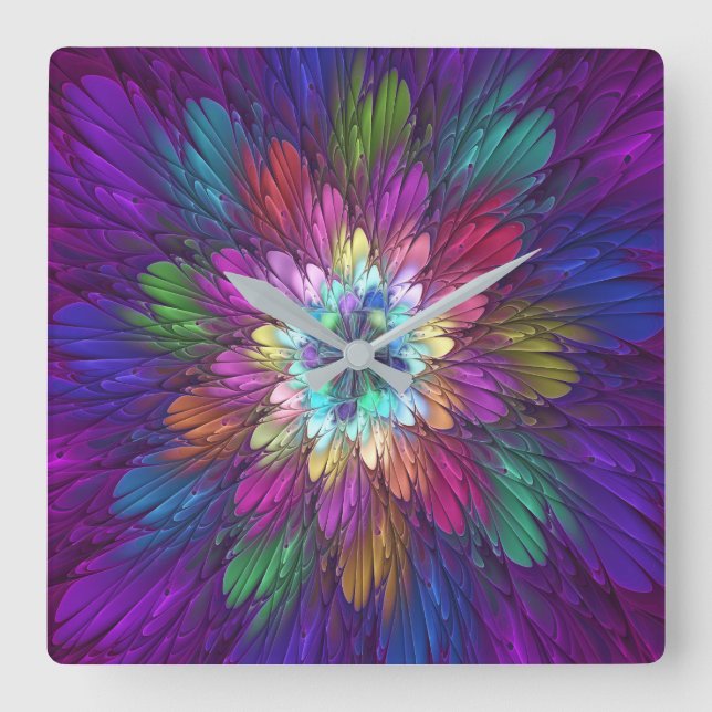 Colourful Psychedelic Flower Abstract Fractal Art Square Wall Clock (Front)