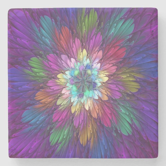 Colourful Psychedelic Flower Abstract Fractal Art Stone Coaster (Front)