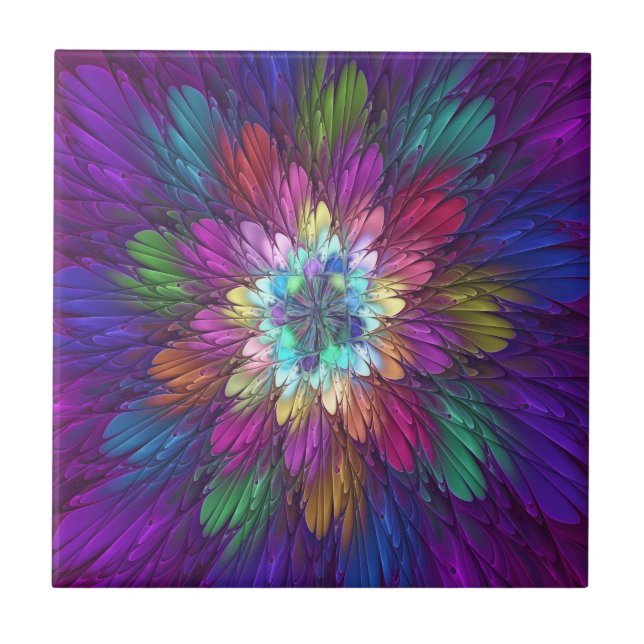 Colourful Psychedelic Flower Abstract Fractal Art Tile (Front)