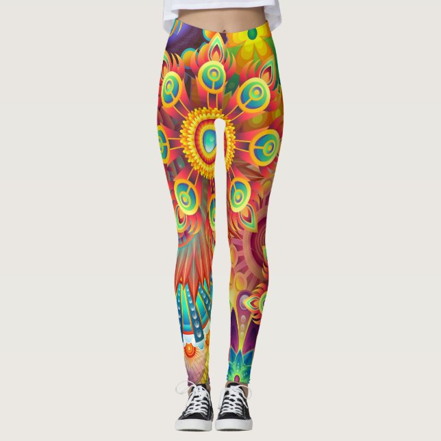 Colourful & Psychedelic Flowers Leggings (Front)