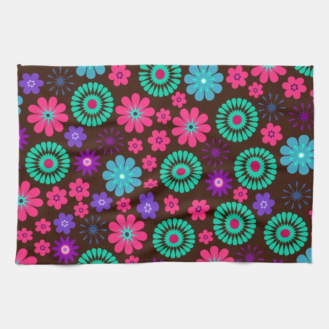 Colourful Psychedelic Funky Flower Pattern Kitchen Towel (Horizontal)