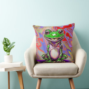 Colourful Psychedelic Graffiti Frog Green Red Throw Pillow