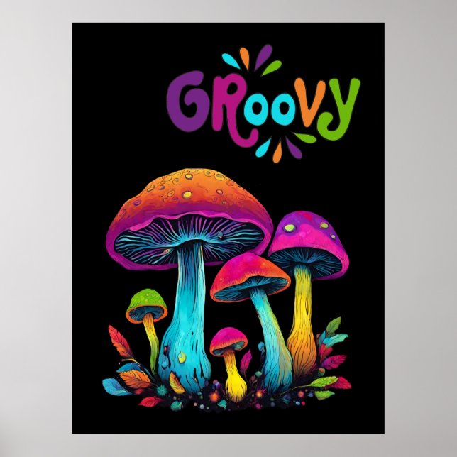 Colourful Psychedelic Groovy Mushrooms- Poster (Front)