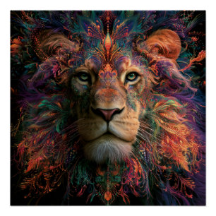 Colourful Psychedelic Lion With Floral Mane Poster