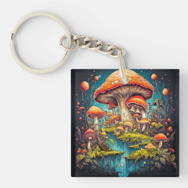 Colourful Psychedelic Mushroom Illustration Keychain (Front)