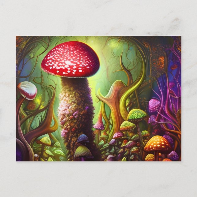 Colourful Psychedelic Mushroom Mystical Forest Postcard (Front)