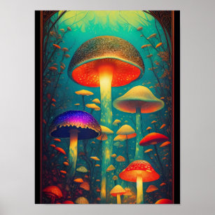 Colourful Psychedelic Mushrooms Fantasy World Poster