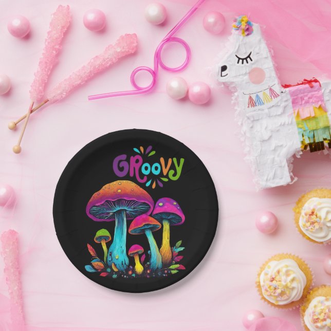 Colourful Psychedelic Mushrooms- Paper Plate (Party)