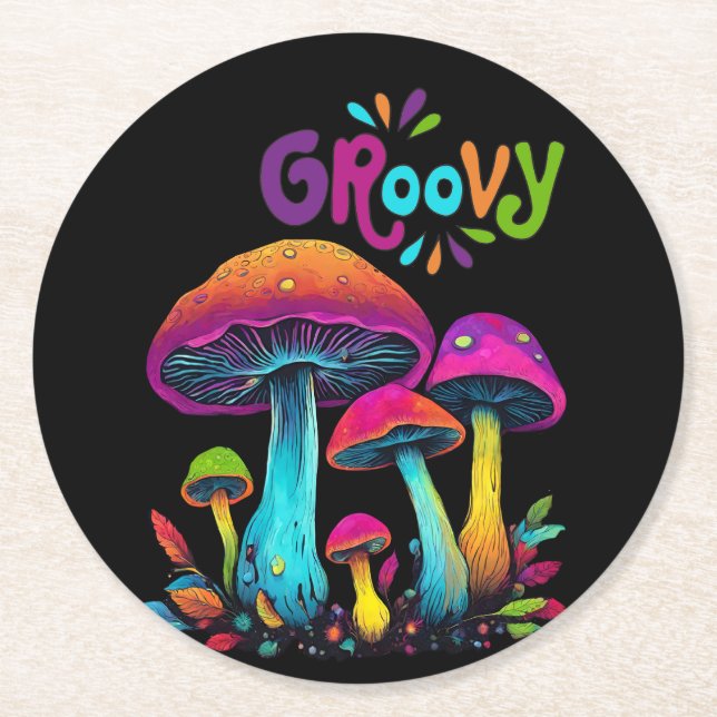 Colourful Psychedelic Mushrooms- Round Paper Coaster (Front)