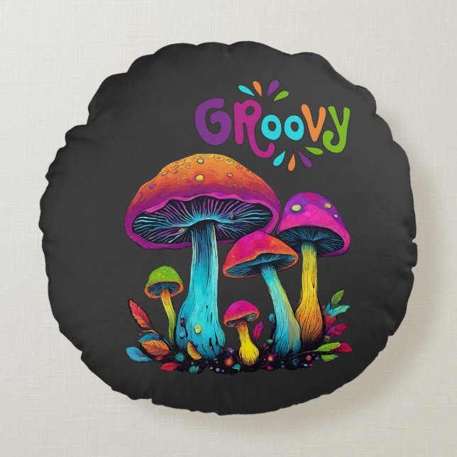 Colourful Psychedelic Mushrooms Round Pillow (Front)
