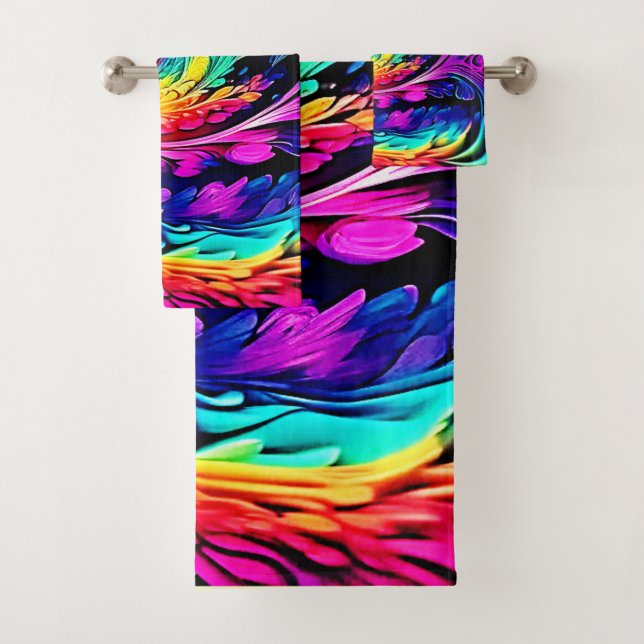 Colourful Psychedelic Spiral Art Bath Towel Set (Insitu)
