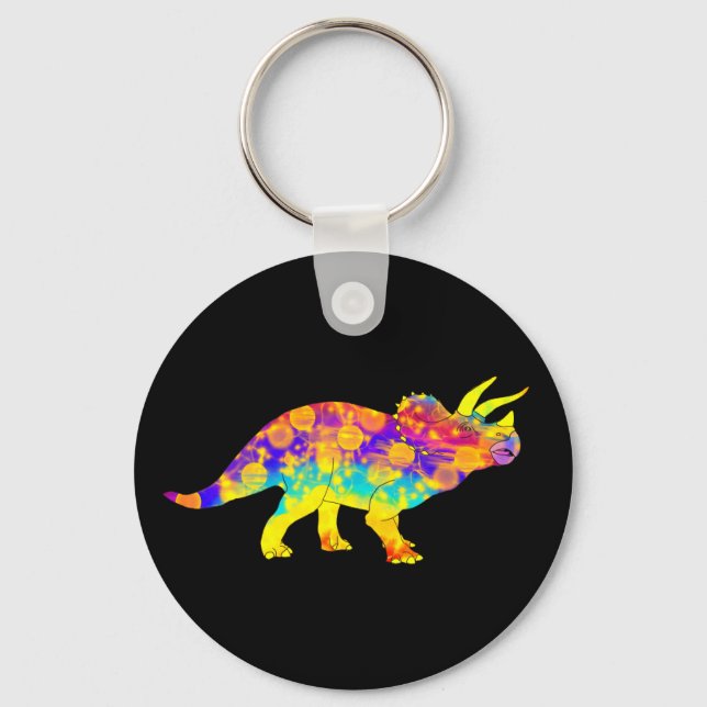 Colourful Psychedelic Triceratops Dinosaur Art Keychain (Front)