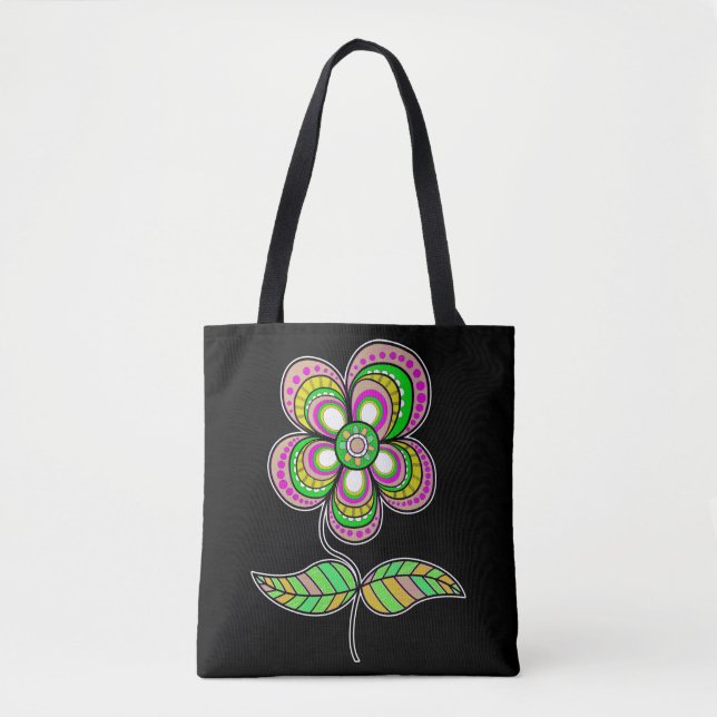 Colourful Psychedelic Vintage Flower Art Tote Bag (Front)