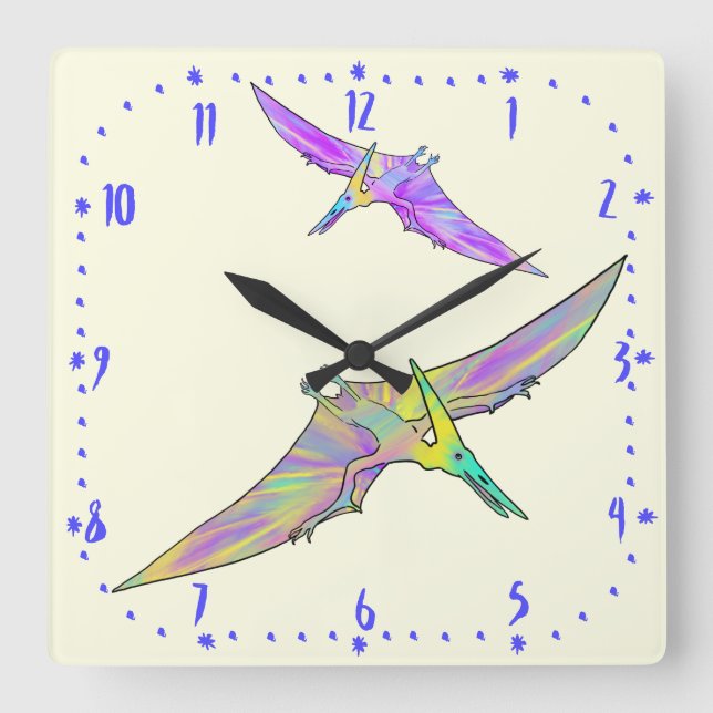 Colourful Pterodactyl Prehistoric Dinosaur Kids Square Wall Clock (Front)
