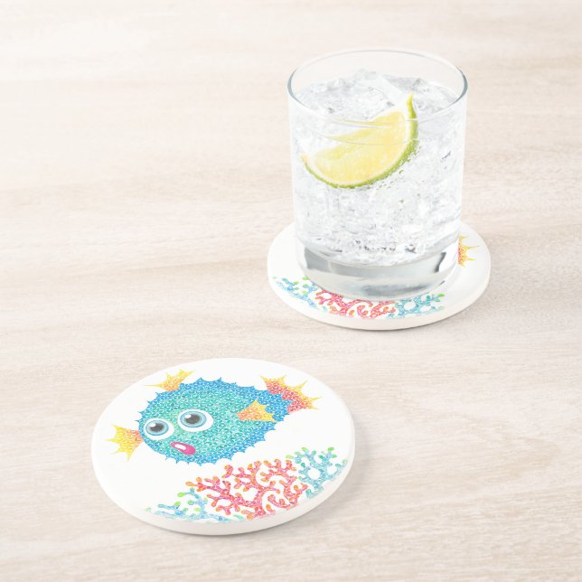 Colourful Puffer Fish Sandstone Coaster (Side)