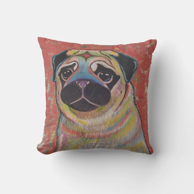 Colourful Pug on red background Throw Pillow (Front)