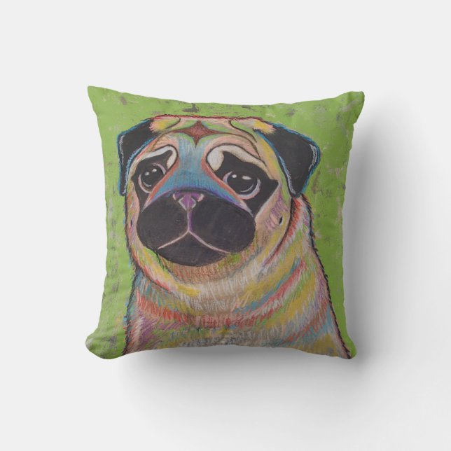 Colourful Pug pillow on green background (Front)