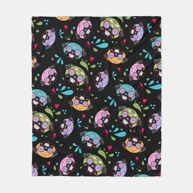 Colourful Pug Sugar Skulls Pattern Fleece Blanket (Front)