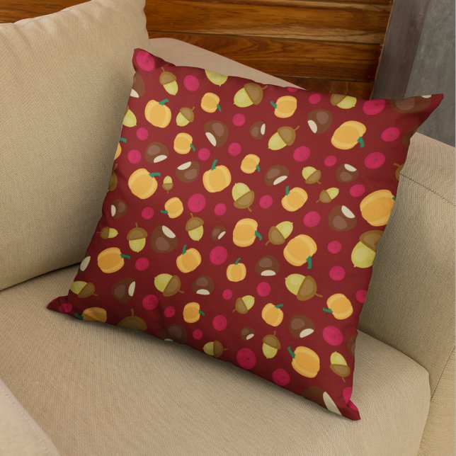 Colourful Pumpkin Acorn Chestnut Berries Pattern Throw Pillow (Creator Uploaded)