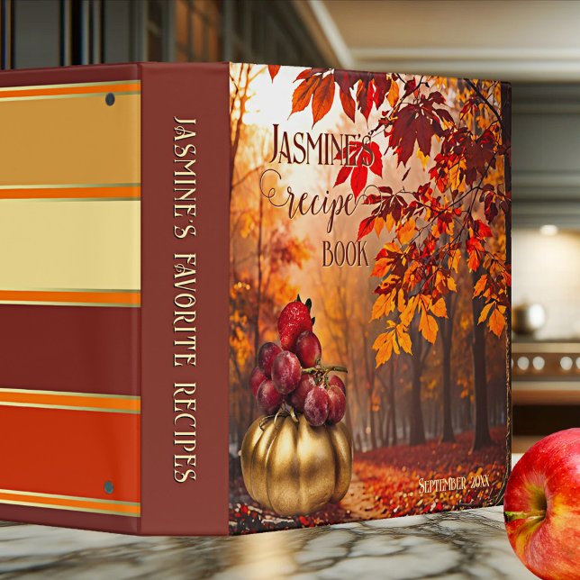 Colourful Pumpkin Fall Forest Recipe Binder (Recipe binder featuring a colorful painting of a fall forest with golden pumpkin and festive fruits)