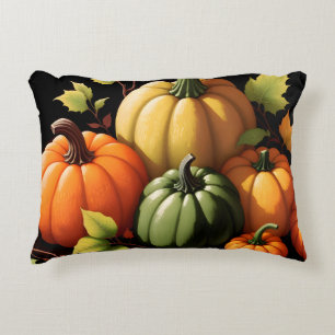 Colourful Pumpkins Black Background Accent Pillow