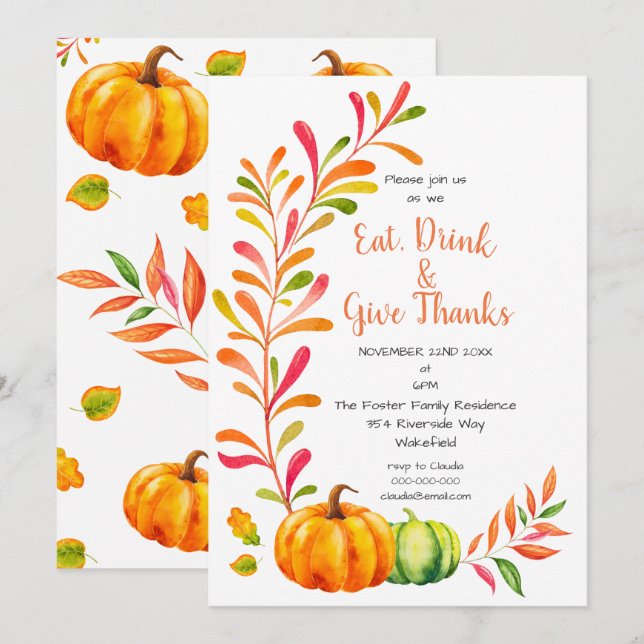 Colourful Pumpkins Fall Thanksgiving Dinner Invitation (Front/Back)