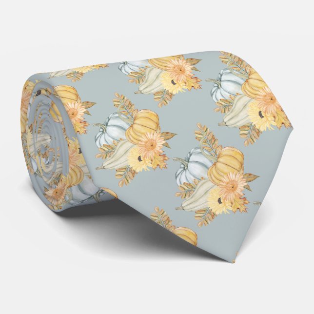 Colourful Pumpkins Flowers and Fall Leaves Thanks Tie (Rolled)