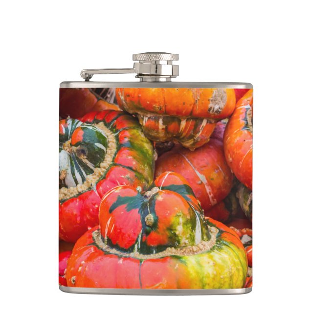Colourful pumpkins hip flask (Front)