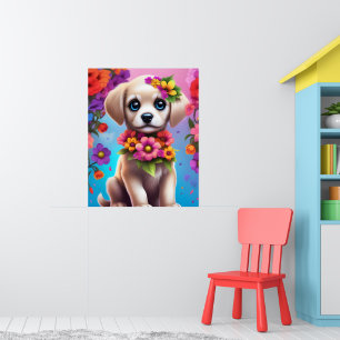Colourful Puppy and Flowers Child's Wall Poster