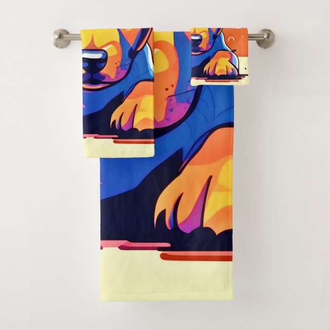 Colourful Puppy Artwork Bath Towel Set (Insitu)
