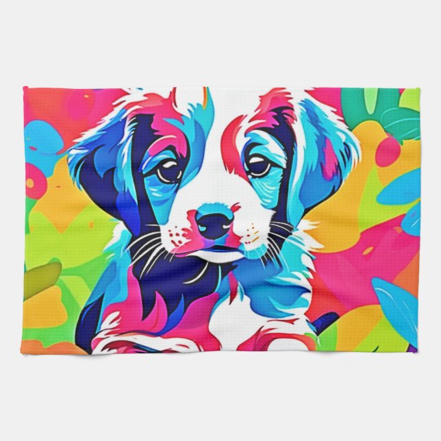 Colourful Puppy Artwork Kitchen Towel (Horizontal)