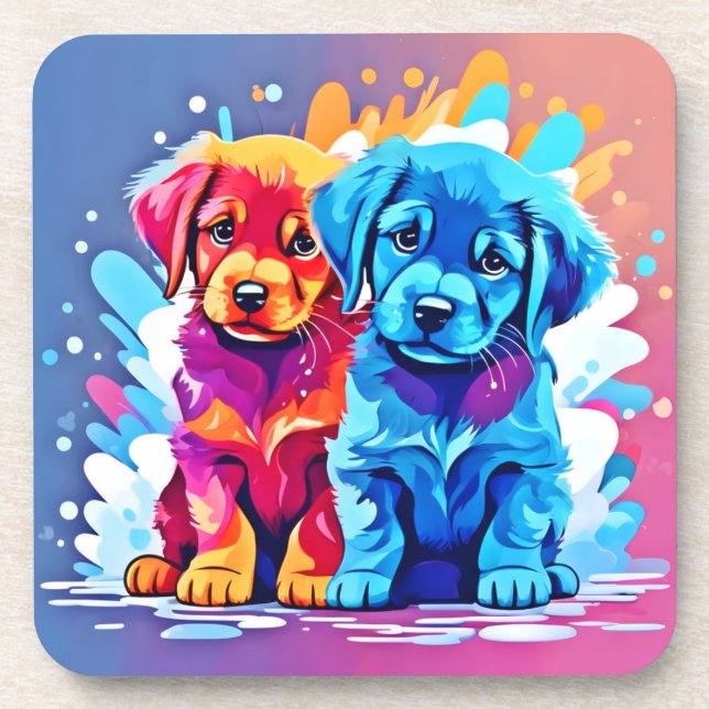 Colourful Puppy Pair Art Coaster (Front)