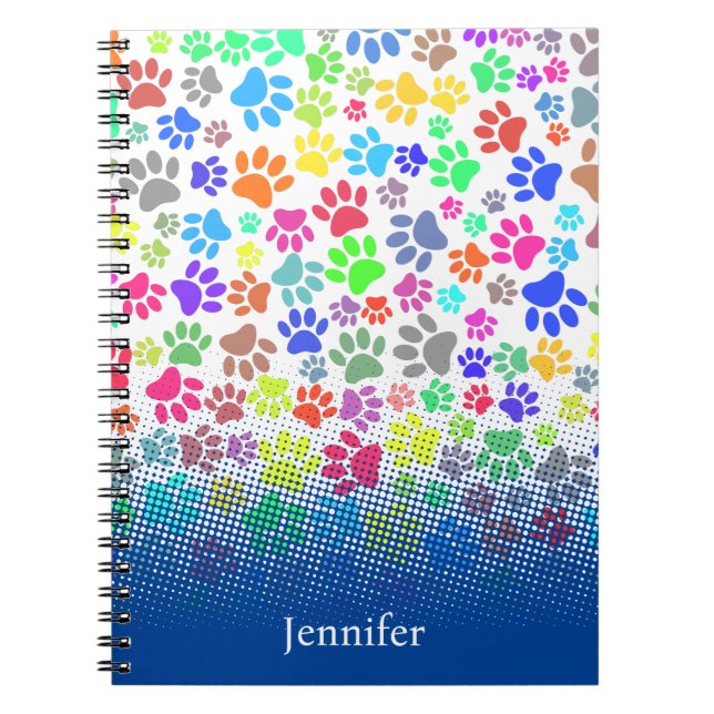 Colourful Puppy Paw Pattern Custom Name Notebook (Front)