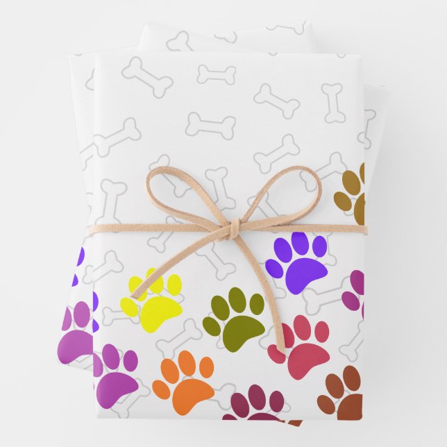 Colourful Puppy Paw Prints and Bones Custom Text Wrapping Paper Sheet (In situ)