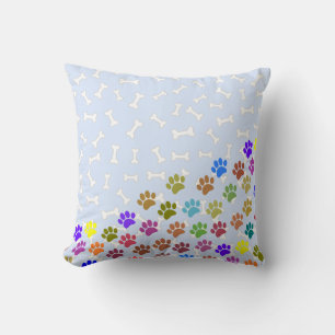 Colourful Puppy Paw Prints and Bones Light Blue Throw Pillow