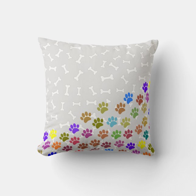 Colourful Puppy Paw Prints and Bones Light Grey Throw Pillow (Front)
