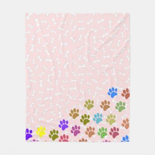 Colourful Puppy Paw Prints and Bones Light Pink Fleece Blanket