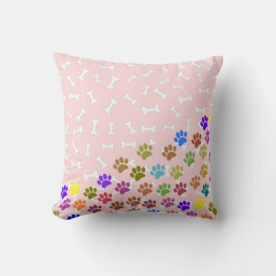 Colourful Puppy Paw Prints and Bones Light Pink Throw Pillow