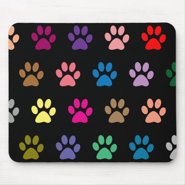 Colourful puppy paw prints on black mouse pad (Front)