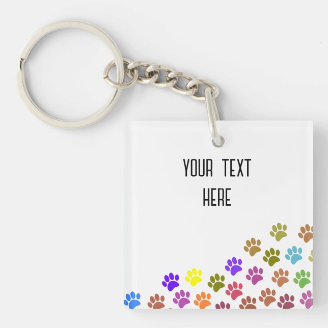 Colourful Puppy Paw Prints With Custom Text Keychain (Front)
