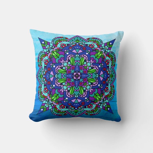 Colourful Purple, Blue, Green Mandala Throw Pillow (Front)