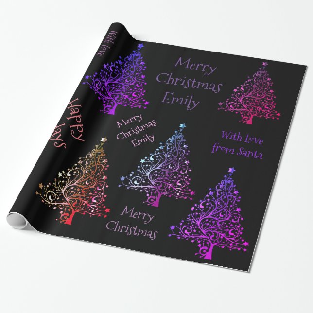 Colourful Purple Christmas Tree Pattern with Name Wrapping Paper (Unrolled)