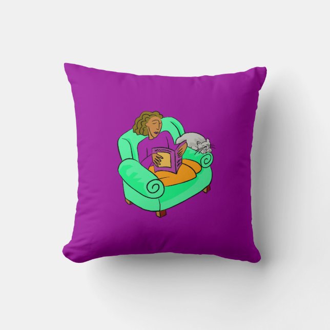 Colourful Purple Double Sided Girl Reading with Ca Throw Pillow (Front)