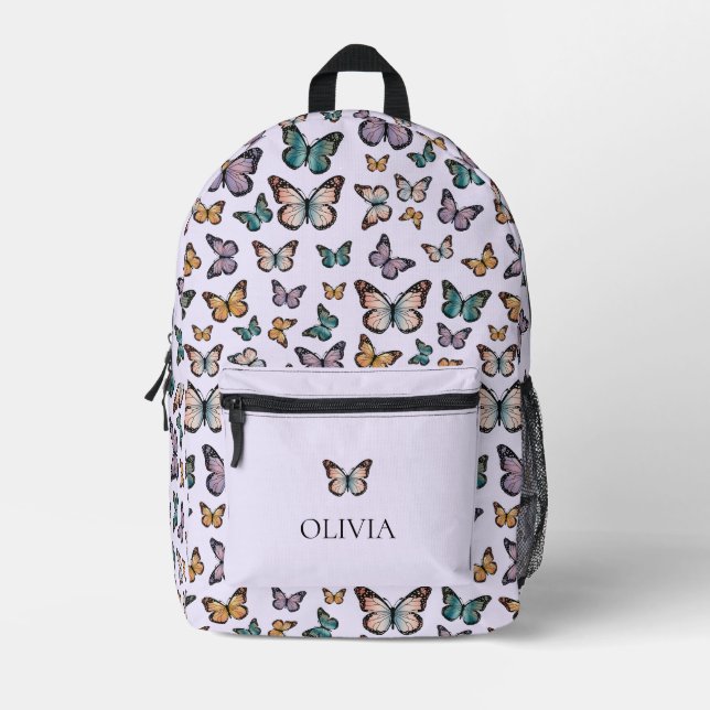 Colourful Purple Girly Butterflies  Pattern Modern Printed Backpack (Front)