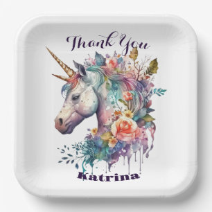 Colourful Purple Magical Floral Unicorn Watercolor Paper Plate